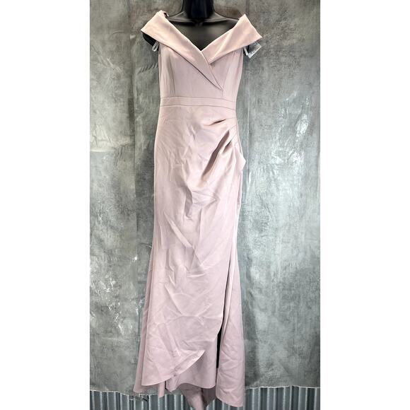 XSCAPE Women's Blush Pink Off-The-Shoulder Sweetheart Neck Ruched Gown SZ 6 - Picture 1 of 14
